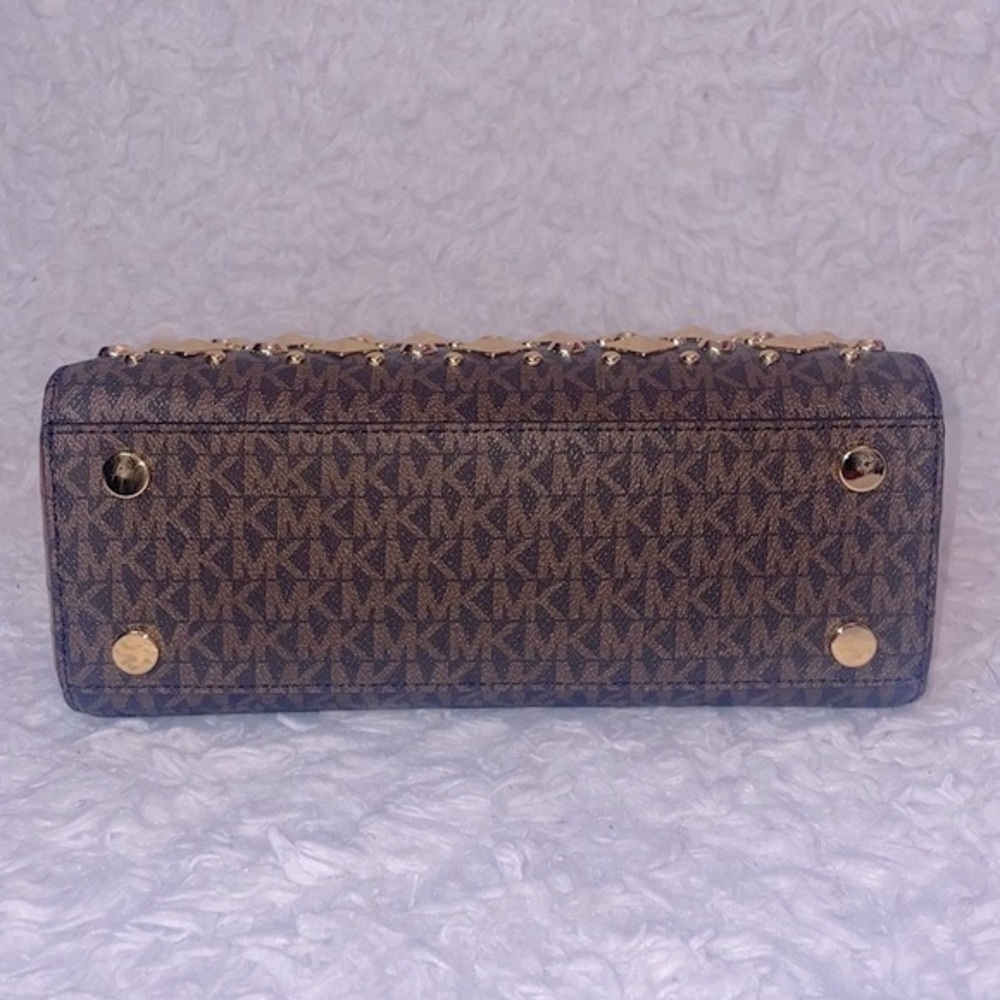 New Michael Kors Karlie Medium Studded Signature Logo Satchel in Chestnut Brown - Picture 12 of 17